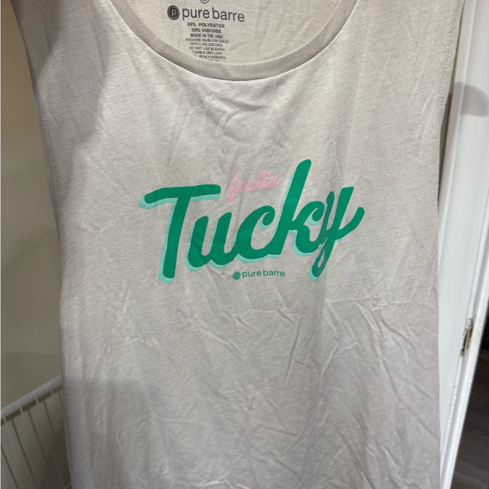 Pure Barre White Tee with Green and Pink Design